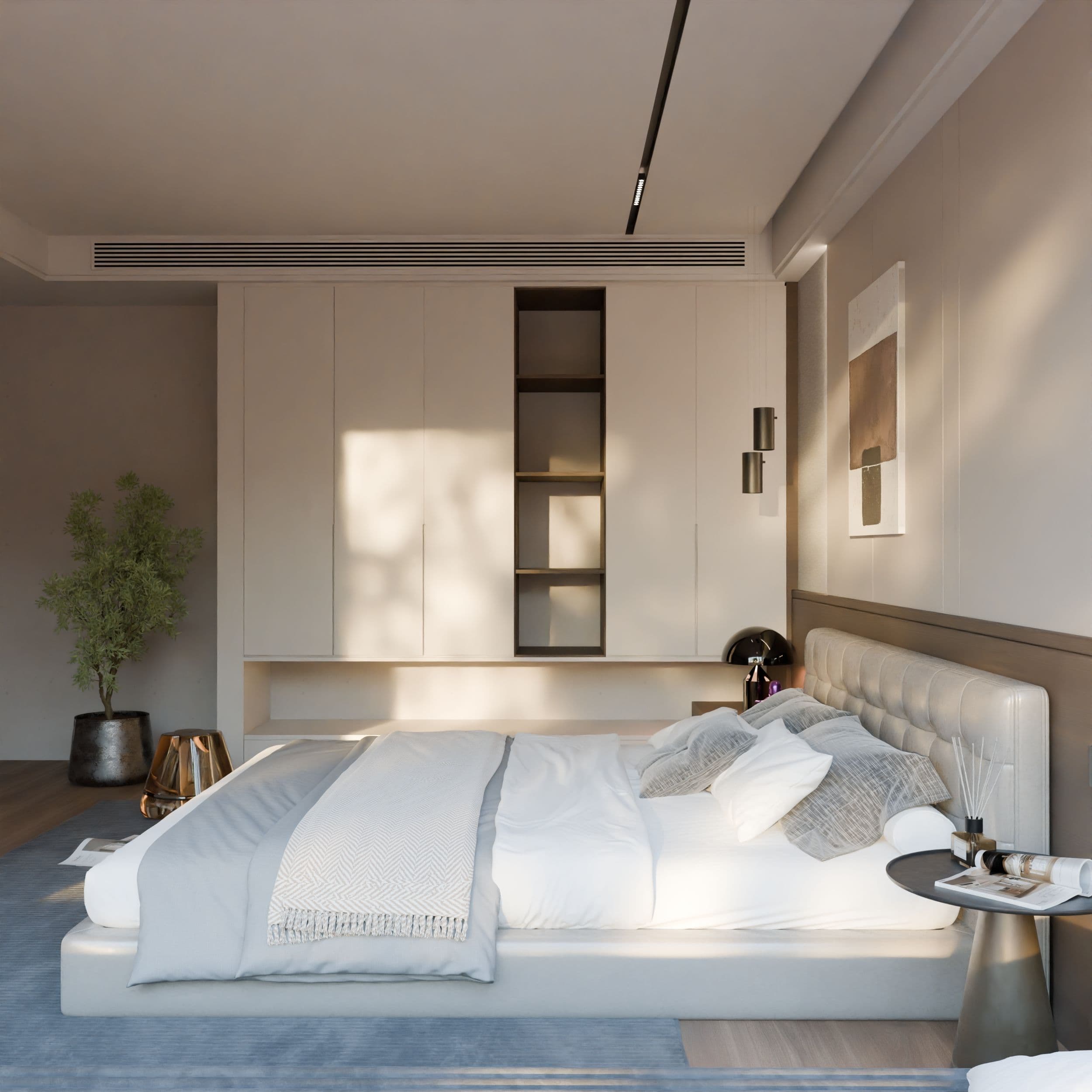 Quarto com cama montada e colchão Restonic sobre base estofada, ambiente organizado