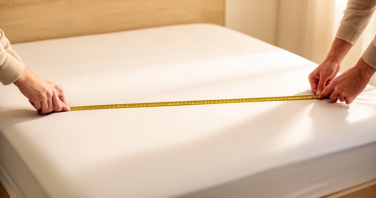 Fita métrica sobre um colchão queen size em quarto de casal